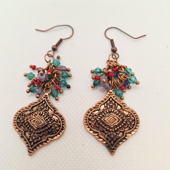 Copper Dangle Earrings With Multicolor Bead Cluster - Picture 1 of 5